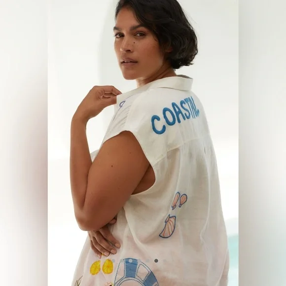 The Bennet Buttondown Shirt by Maeve: Printed Linen Muscle Tank Edition - Picture 4 of 7